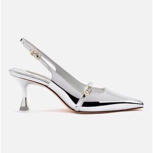 $360 LARROUDE Ines Pump POINTED BUCKLE LEATHER Silver Specchio 8.5  (DC5)